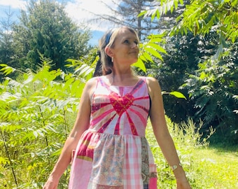 S-5X Love lichtroze patchwork babydolljurk geüpcycled handgemaakte cottagecore-jurk Uniek!