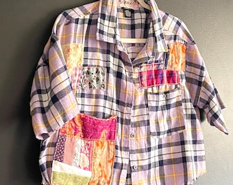 L Cropped One Of A Kind Art Button-Down ,Upcycled & Sustainable | One-of-a-Kind!
