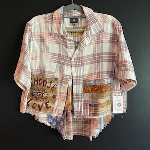 L Cropped Patchwork Button-Down ,Upcycled & Sustainable | One-of-a-Kind!