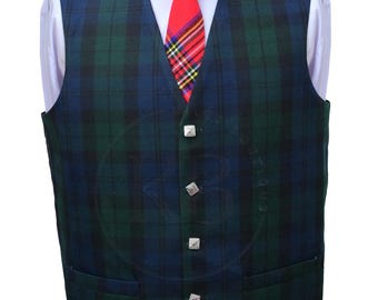 May include: A blue and green plaid vest with silver buttons. The vest has a pointed collar and a pocket on each side.