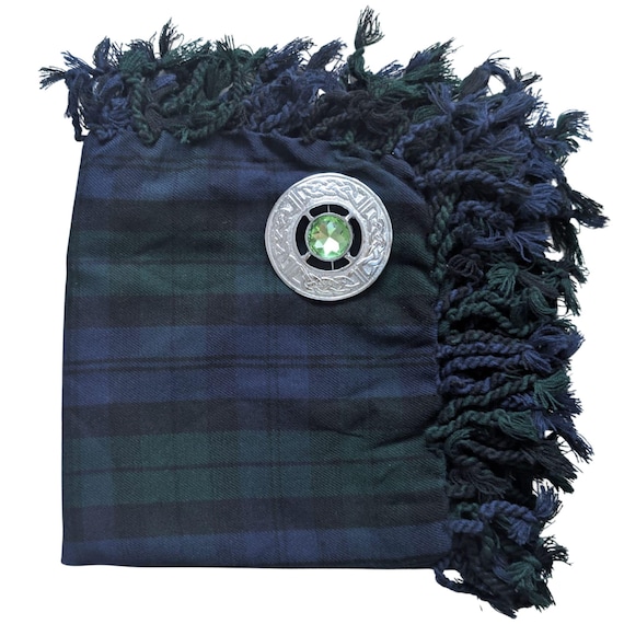 Black Watch Tartan Fly Plaid: Scottish Kilt Accessory with Celtic Brooch