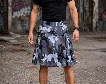 Men’s Urban Camouflage Tactical Utility Kilt – Army Style Cargo Kilt with Pockets