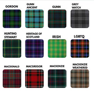 May include: An image showcasing twelve different tartan patterns, each within a square frame. The tartans include "Gordon," "Gunn Ancient," "Gunn," "Grey Watch," "Hunting Stewart," "Heritage of Scotland," "Irish," "LGBTQ," "Macdonald," "Macgregor," "Mackenzie," and "Mackenzie Weathered."