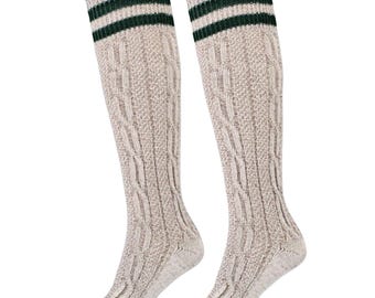 May include: A pair of knee-high socks in a light beige color with a cable knit pattern. The top of each sock features three dark green stripes. These socks are designed for warmth and style.
