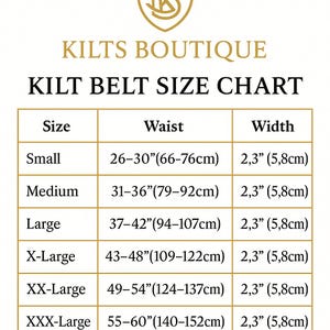 Puede incluir: Tabla de tallas de cinturones de kilt de Kilts Boutique. La tabla enumera tallas de Small a XXX-Large, con medidas de cintura correspondientes en pulgadas y cent&iacute;metros. El ancho del cintur&oacute;n es de 5,8 cm.