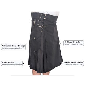 May include: Black kilt with a V-shaped cargo pocket, D-rings, and knife pleats. Made of cotton-blend fabric. The kilt is designed for freedom of movement and has secure pockets for a phone and wallet.