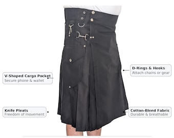 Men’s Gothic Utility Kilt″ Drop with V Pocket, D-Rings Pleated Work Festival Kilt