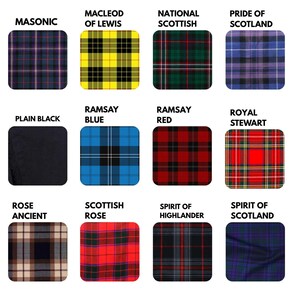 May include: A collection of twelve fabric swatches featuring various tartan patterns. Each swatch is labeled with a name, such as "Masonic," "MacLeod of Lewis," and "National Scottish." The swatches display a range of colors, including red, green, blue, and yellow.