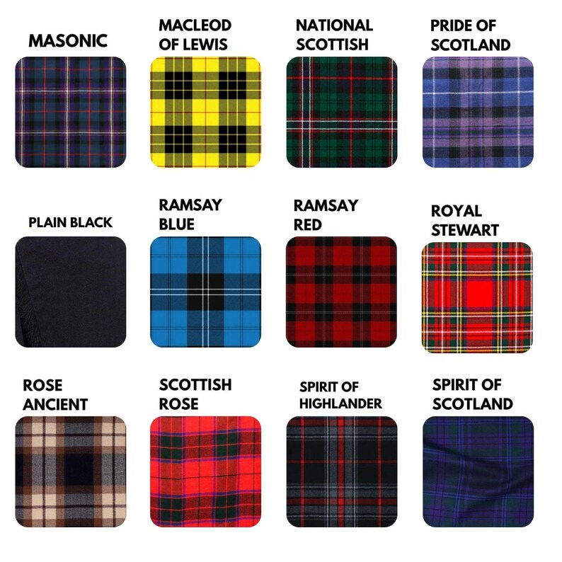 May include: A collection of twelve fabric swatches featuring various tartan patterns. Each swatch is labeled with a name, such as "Masonic," "MacLeod of Lewis," and "National Scottish." The swatches display a range of colors, including red, green, blue, and yellow.
