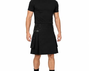 Black Cotton Blend Utility Kilt, Leather Strap, Cargo Style, Gothic Fashion