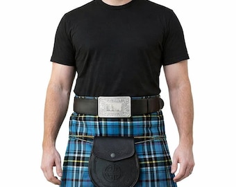 Conjunto de kilt Thompson Blue Tartan de 8 yardas, sporran de cuero, cinturón y broche para kilt