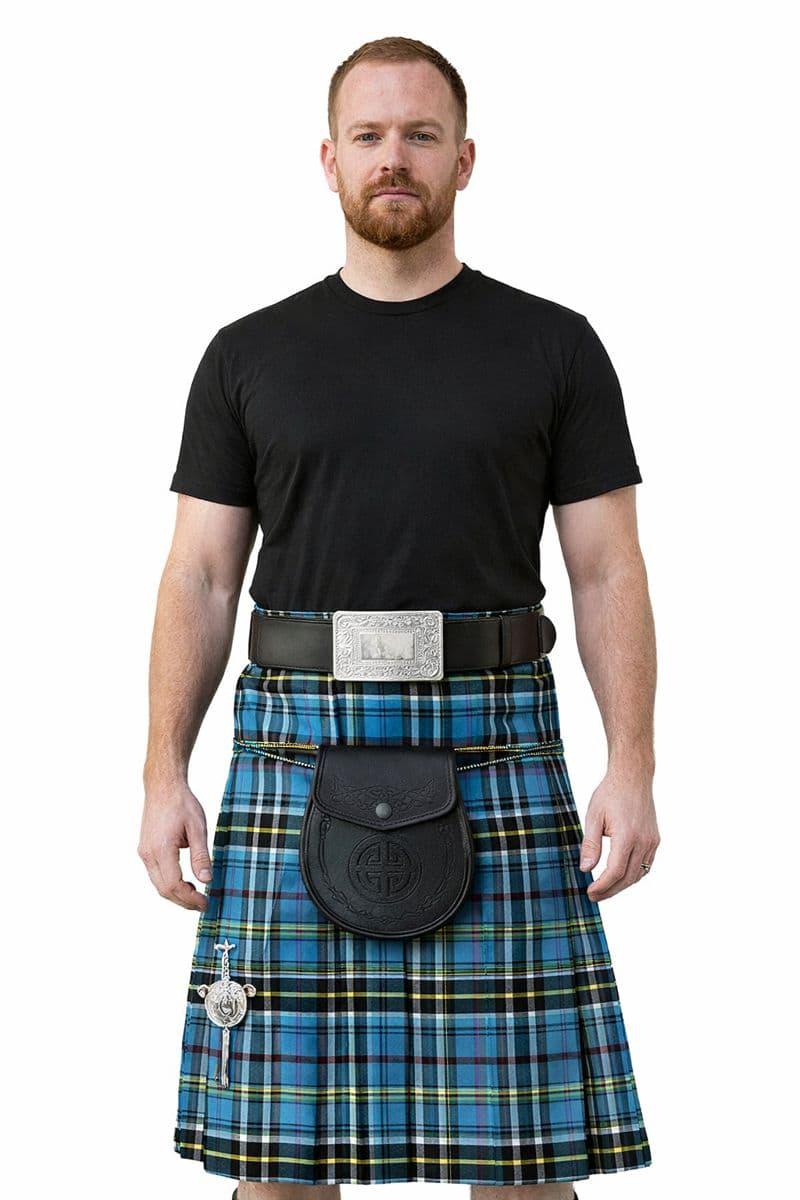 Thompson Blue Tartan 8 Yard Kilt Set, Leather Sporran, Belt & Kilt Pin