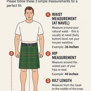 May include: Diagram illustrating how to measure for a kilt. Includes waist (36 inches), hip (40 inches), and kilt length (24 inches) measurements. A man in a white shirt and green plaid kilt is shown. Text reads "KB Kilts Boutique".