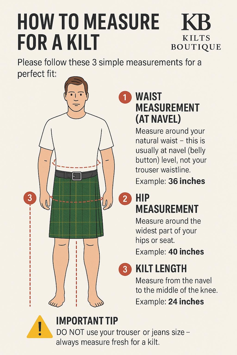 May include: Diagram illustrating how to measure for a kilt. Includes waist (36 inches), hip (40 inches), and kilt length (24 inches) measurements. A man in a white shirt and green plaid kilt is shown. Text reads "KB Kilts Boutique".