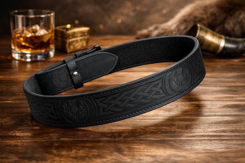 Puede incluir: Un cintur&oacute;n de cuero negro con dise&ntilde;os en relieve de nudos celtas y cardos. El cintur&oacute;n tiene un cierre de hebilla y se muestra sobre una superficie de madera. Un accesorio tradicional.