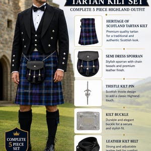 Heritage Of Scotland Tartan Kilt Set, 5-delad Highland-outfit, Sporran, Bälte, Spänne, Nål
