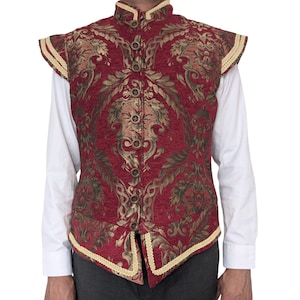 Renaissance Tudor Brocade Vest: Red & Gold Floral Jerkin Costume