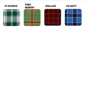 May include: Four plaid fabric swatches. The "St Patrick" swatch is green, white, and yellow. The "Tara Murphy" swatch is green, orange, and white. The "Wallace" swatch is red, black, and white. The "US Navy" swatch is blue and white.