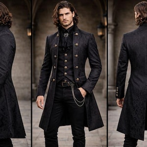 May include: Black, long, patterned coat with gold buttons, worn over a vest and shirt. The coat has a high collar and a tailored fit. The outfit includes black pants and a belt with a chain. The overall style is gothic or Victorian.