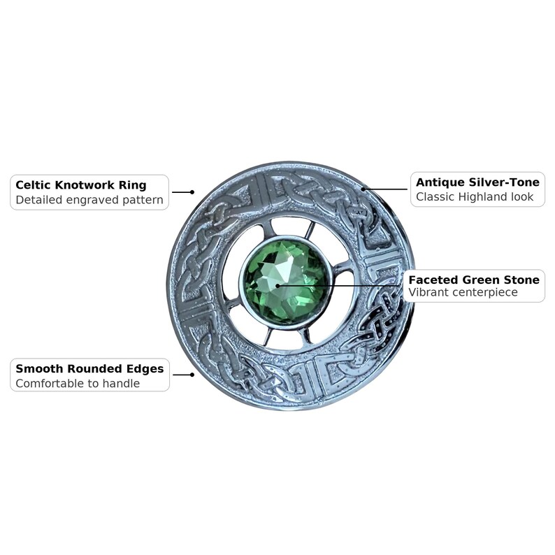 May include: Antique silver-tone Celtic knotwork ring with a detailed engraved pattern. The ring features a faceted green stone centerpiece and smooth, rounded edges. The text on the image says "Celtic Knotwork Ring", "Antique Silver-Tone", "Faceted Green Stone", and "Smooth Rounded Edges".