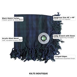 May include: Black Watch Tartan scarf, 48 x 48 inches, with a classic green and navy plaid pattern. Features a Celtic brooch with a green stone and fringed edges. Made from an acrylic-wool blend.