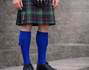 Medias de falda escocesa azul real, calcetines tradicionales escoceses hasta la rodilla, calcetines de vestir de las Tierras Altas de mezcla de lana