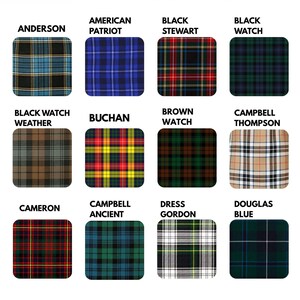May include: A collection of twelve different tartan patterns, each displayed in a square format with rounded corners. The tartans feature various color combinations, including blue, green, red, yellow, and brown, with names like "Anderson" and "Black Watch".