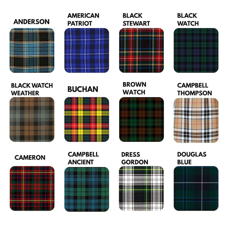 May include: A collection of twelve different tartan patterns, each displayed in a square format with rounded corners. The tartans feature various color combinations, including blue, green, red, yellow, and brown, with names like "Anderson" and "Black Watch".