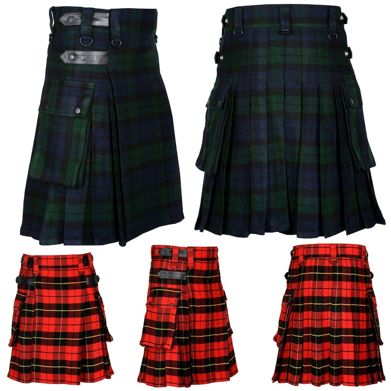 May include: A collection of kilts in various plaid patterns. The kilts feature a traditional design with pleats, pockets, and leather straps. The color schemes include green and blue, and red with black and yellow accents.