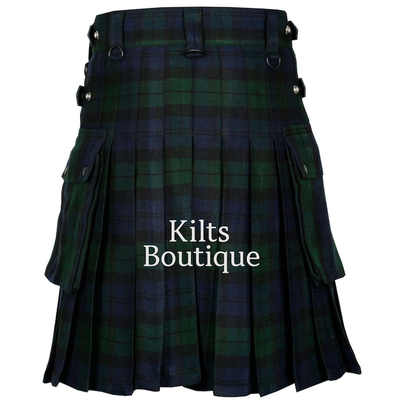 May include: A traditional kilt in a green and navy blue plaid pattern. The kilt features pleats, pockets, and adjustable straps. The text "Kilts Boutique" is displayed on the front.