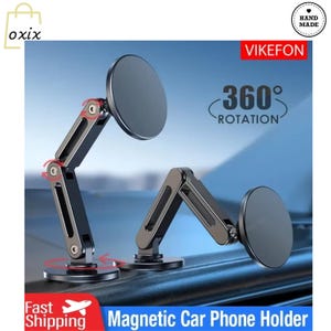 May include: A black magnetic car phone holder with a 360-degree rotation feature. The holder has an adjustable arm and a circular magnetic head. The product is labeled "VIKEFON" and "Magnetic Car Phone Holder".