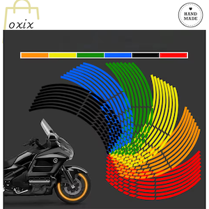 May include: A black motorcycle with a glowing orange wheel rim is shown against a dark gray background. Colorful curved stripes in black, blue, green, yellow, orange, and red are displayed. The word "oxix" is in the upper left corner.