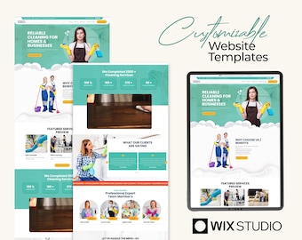 May include: A digital display of customizable website templates for cleaning services. The design features website mockups with images of cleaning professionals, along with the text "Reliable Cleaning for Homes & Businesses."