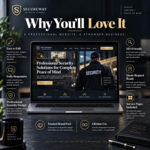 May include: A laptop displaying a professional security website template titled Secureway. The screen shows a security guard in a black uniform, navigation menus, and service icons. Surrounding text highlights features like SEO friendly, responsive design, and quote forms.