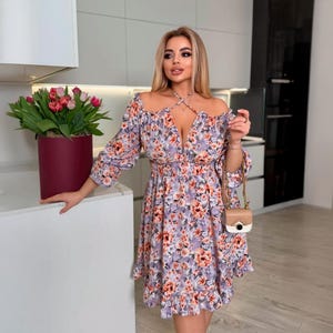 Robe d'été à fleurs lavande, Robe rétro décontractée, Robe grande taille, Robe de plage fendue pour les vacances, Robe midi à fleurs bleu vif