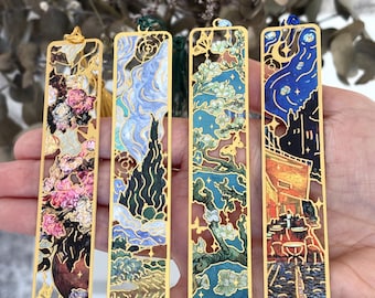 High-quality metal bookmark in an artistic Van Gogh design, floral bookmark, artistic bookmark