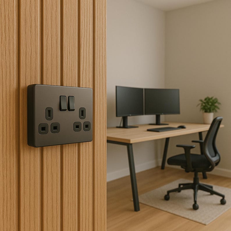May include: A dark gray electrical outlet and light switch are mounted on a vertical wooden panel. The outlet has two plug receptacles and a switch. The background shows a desk with two computer monitors, a keyboard, and a chair.