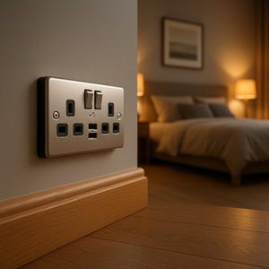 May include: A brushed metal electrical outlet with two switches, USB ports, and standard plug receptacles. The outlet is mounted on a gray wall with a wooden baseboard and hardwood floor. The background shows a bedroom with a bed and lamps.