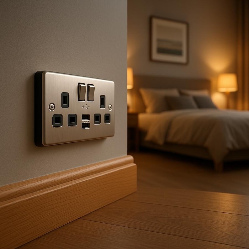 May include: A brushed metal electrical outlet with two switches, USB ports, and standard plug receptacles. The outlet is mounted on a gray wall with a wooden baseboard and hardwood floor. The background shows a bedroom with a bed and lamps.