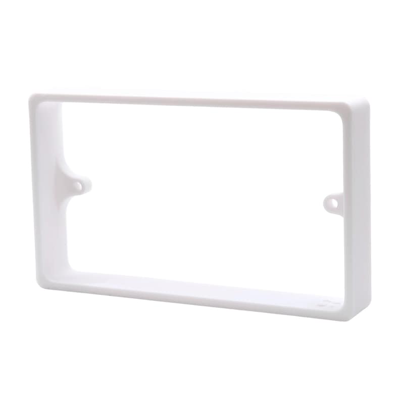 May include: A white rectangular plastic frame with rounded corners. The frame has two small circular holes on the sides. The object is a solid white color and appears to be a mounting bracket or cover.