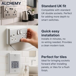 May include: Silver electrical outlet covers with USB ports and light switches. The Alchemy Collectives brand is visible. The text says "Standard UK fit" and "Quick easy installation". The product is designed for easy installation and a modern look.