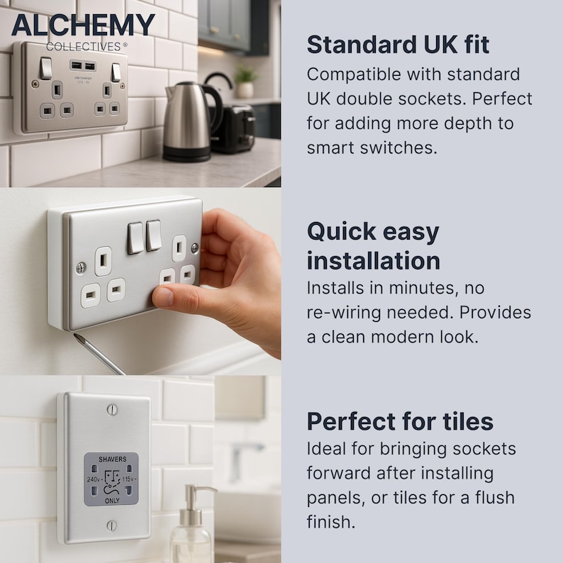 May include: Silver electrical outlet covers with USB ports and light switches. The Alchemy Collectives brand is visible. The text says "Standard UK fit" and "Quick easy installation". The product is designed for easy installation and a modern look.