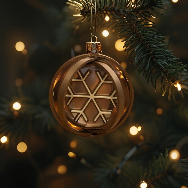 Puede incluir: Un adorno navide&ntilde;o dorado con un dise&ntilde;o de copo de nieve. El adorno cuelga de una rama verde de un &aacute;rbol de Navidad. El fondo est&aacute; borroso con peque&ntilde;as luces desenfocadas.