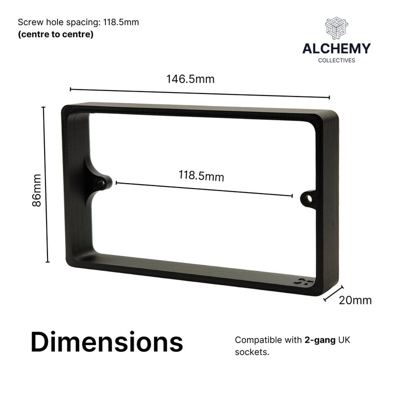 May include: Black rectangular frame with dimensions labeled. The frame is 146.5mm long, 86mm high, and 20mm thick. Screw hole spacing is 118.5mm. The text "Dimensions" is at the bottom.