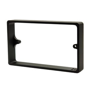 May include: A black rectangular frame with rounded corners and mounting holes. The frame has a smooth, matte finish and a hollow center. The frame is designed to hold a rectangular object.