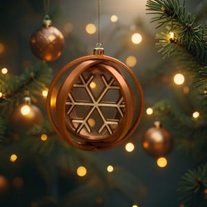 Puede incluir: Un adorno navide&ntilde;o de color cobre con un dise&ntilde;o de copo de nieve, suspendido de un hilo dorado. El adorno est&aacute; rodeado de otros adornos de color cobre y un &aacute;rbol de Navidad con luces c&aacute;lidas y brillantes.