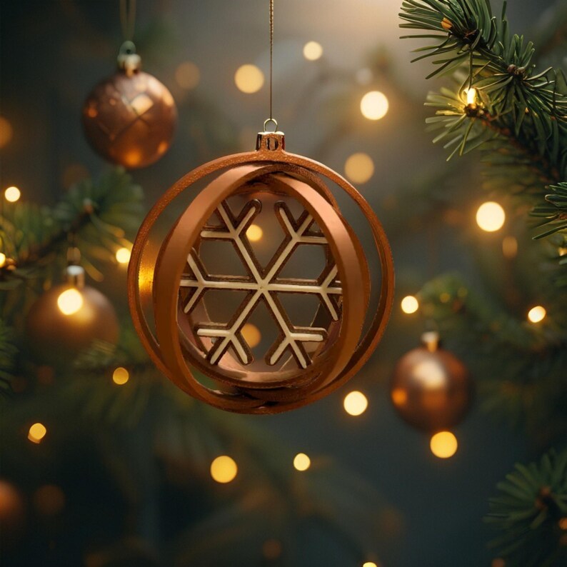 Puede incluir: Un adorno navide&ntilde;o de color cobre con un dise&ntilde;o de copo de nieve, suspendido de un hilo dorado. El adorno est&aacute; rodeado de otros adornos de color cobre y un &aacute;rbol de Navidad con luces c&aacute;lidas y brillantes.