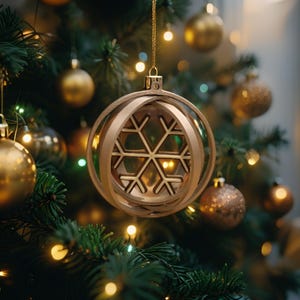 Puede incluir: Un adorno navide&ntilde;o dorado con un dise&ntilde;o de copo de nieve colgando de un &aacute;rbol de Navidad decorado. El adorno es redondo con un dise&ntilde;o en capas y una cadena dorada. Se ven otros adornos y luces doradas.