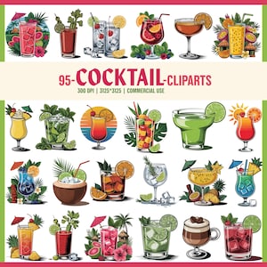 Conjunto de imágenes prediseñadas de cócteles, 95 gráficos PNG de bebidas vibrantes, PNG de bebidas tropicales, imágenes prediseñadas de cócteles de verano, imágenes prediseñadas de margaritas, PNG de bebidas para fiestas en la playa.