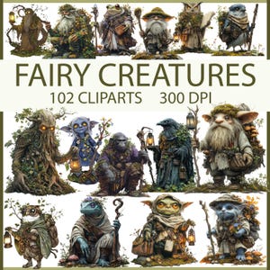 Clipart feeënwezens | 102 fantasie-png | Mystieke bosdieren | Boskobolden, kabouters, uilen | 300 dpi transparante achtergrond